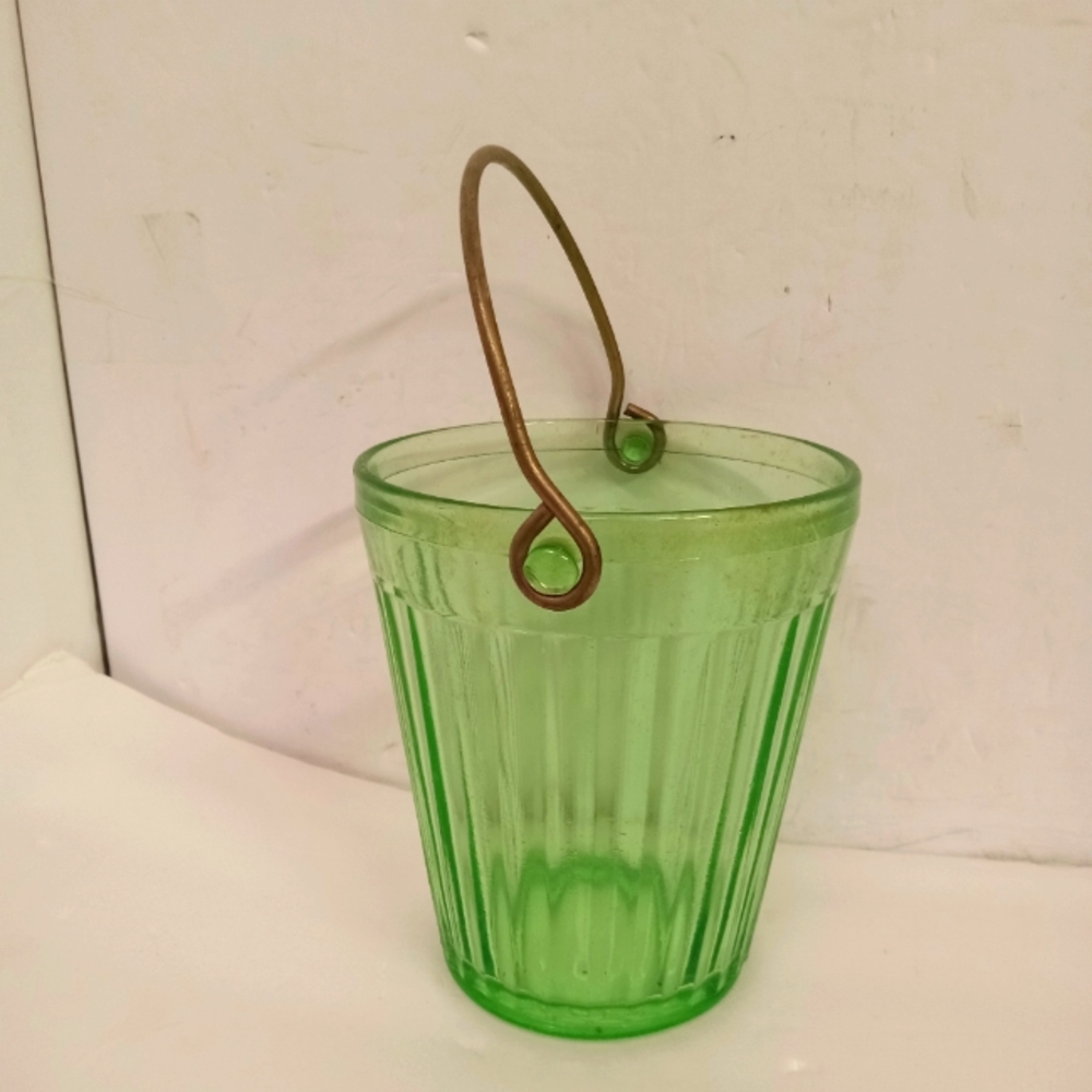 Vintage Green Uranium Depression Glass Ice Bucket  Metal Handle